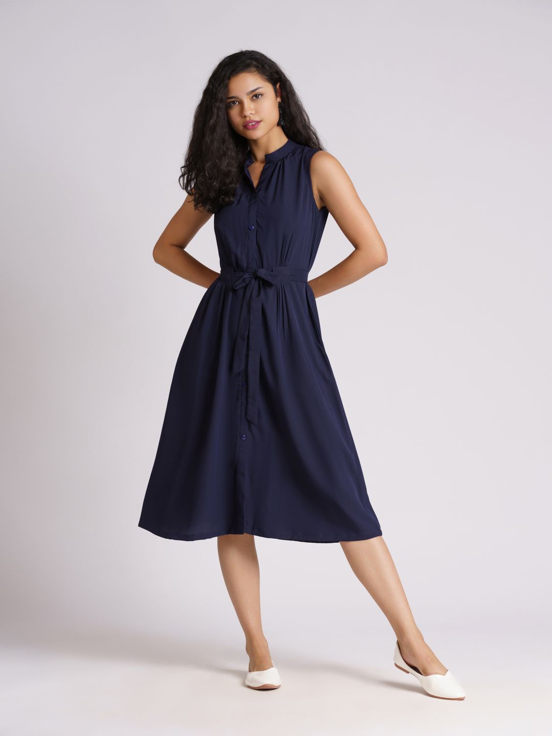 

AASK Navy Blue & dark sapphire Crepe A-Line Midi Dress