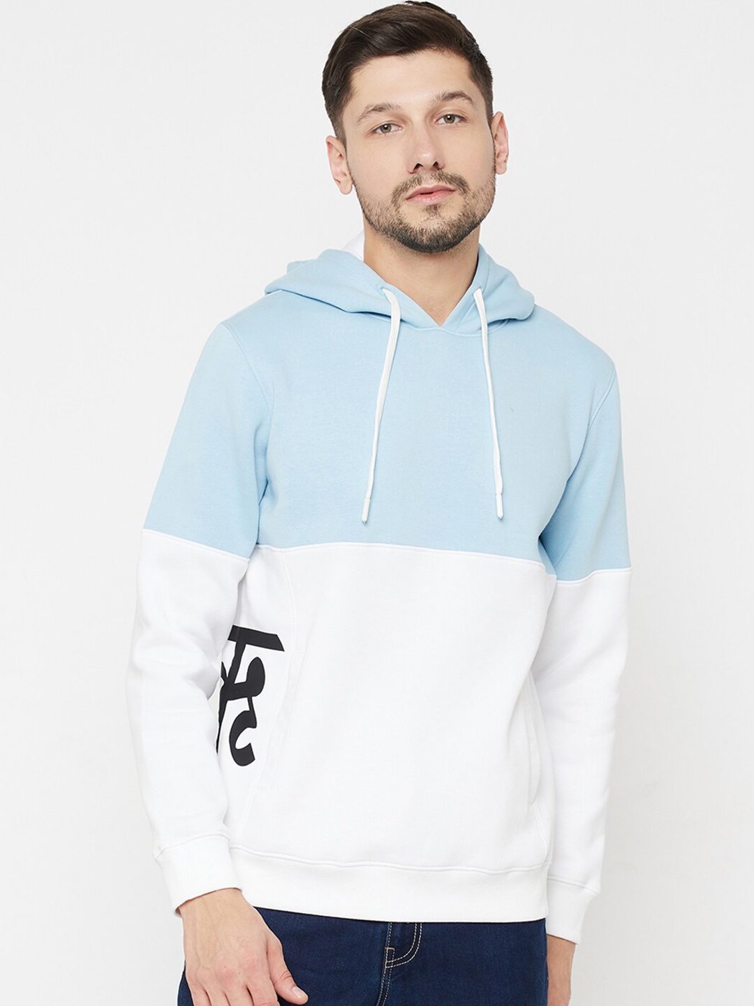 EDRIO Men Blue Colourblocked Hooded Sweatshirt
