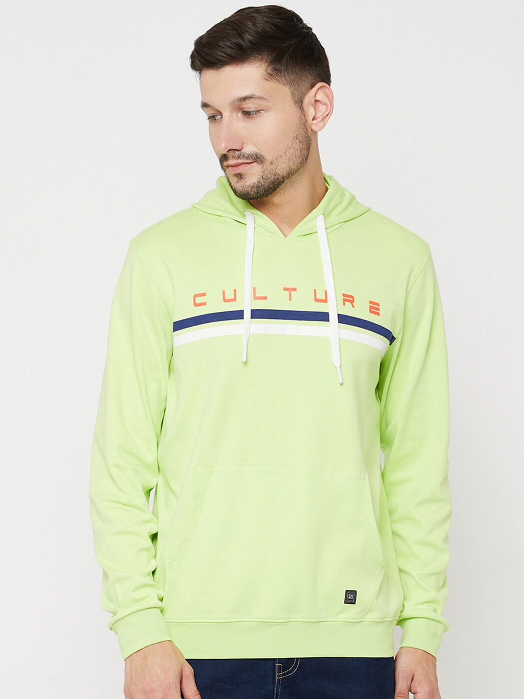 

EDRIO Men Lime Green Printed Hooded Sweatshirt