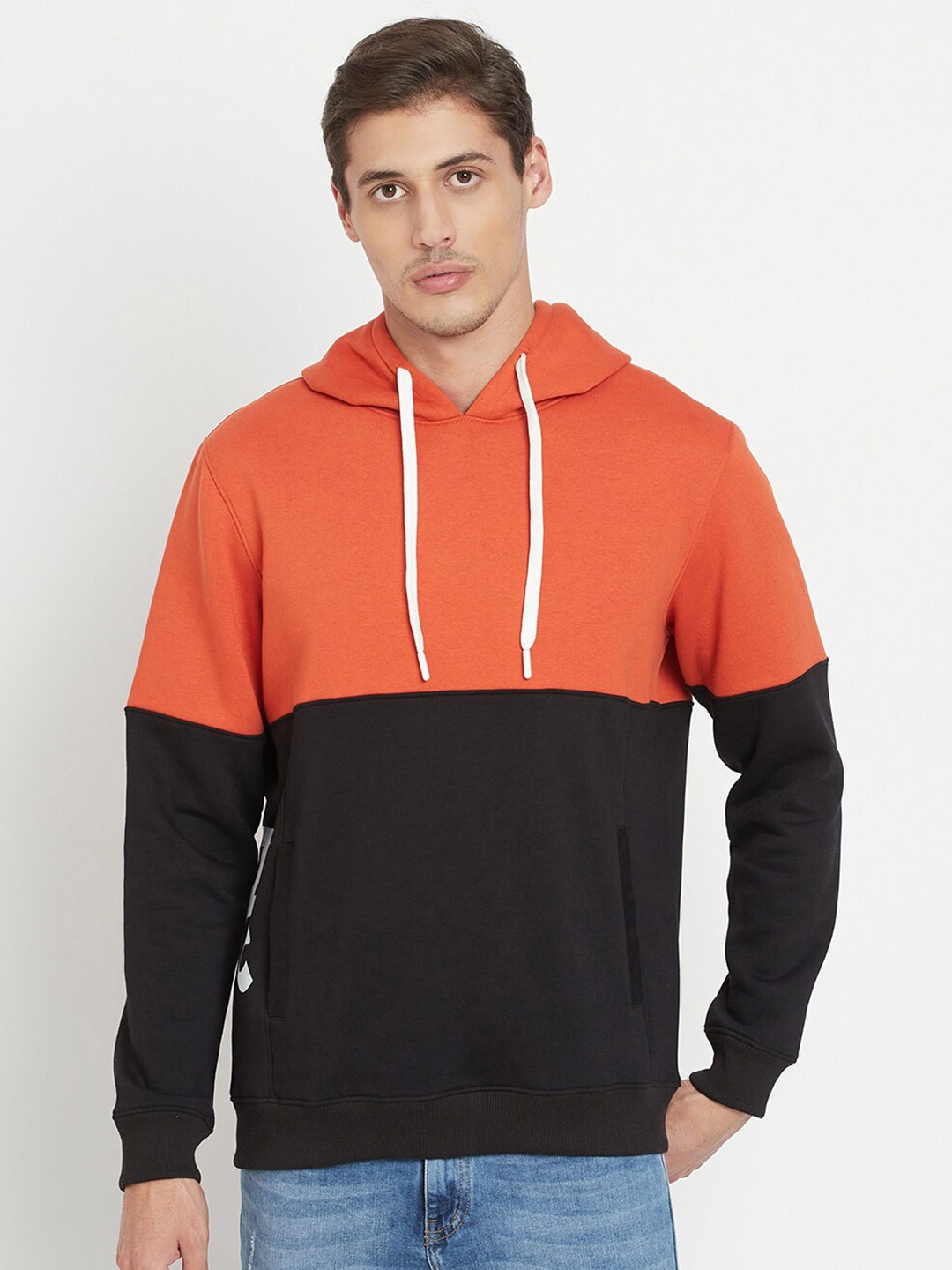 EDRIO Men Orange Colourblocked Hooded Sweatshirt