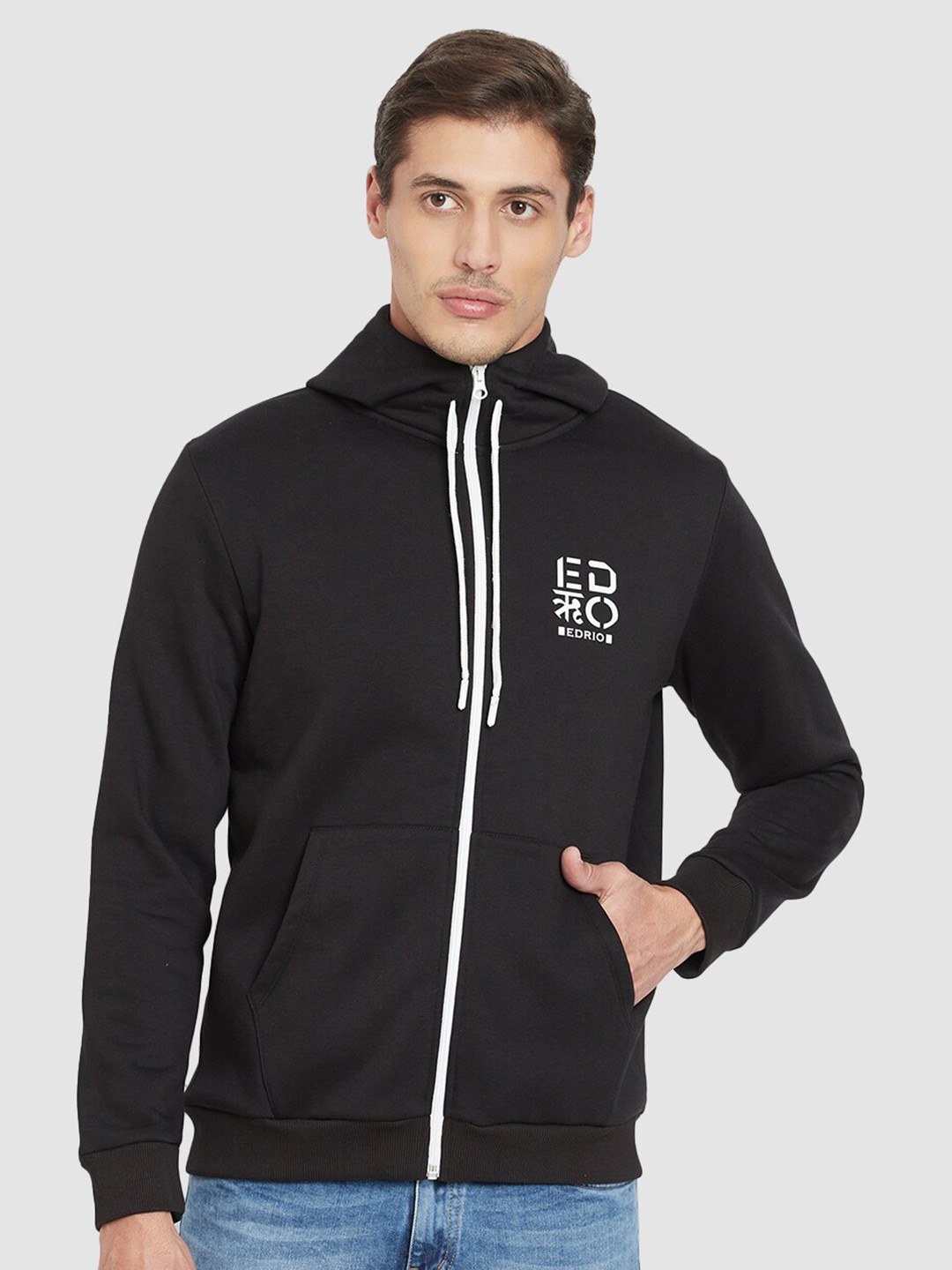 

EDRIO Men Black Printed Hooded Sweatshirt