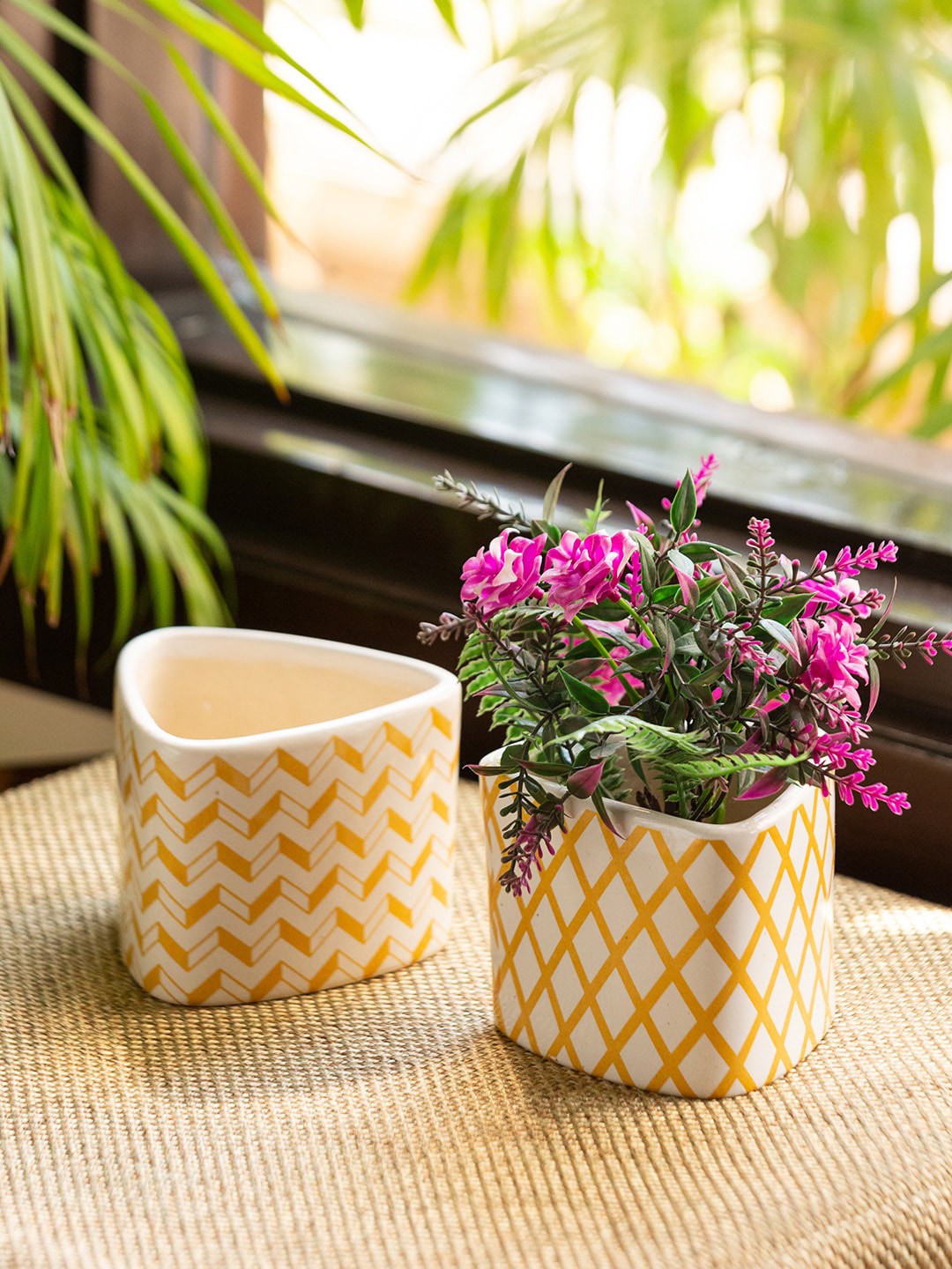 

ExclusiveLane Set Of 2 Orange Plaid Handcrafted Painted Ceramic Table Planters