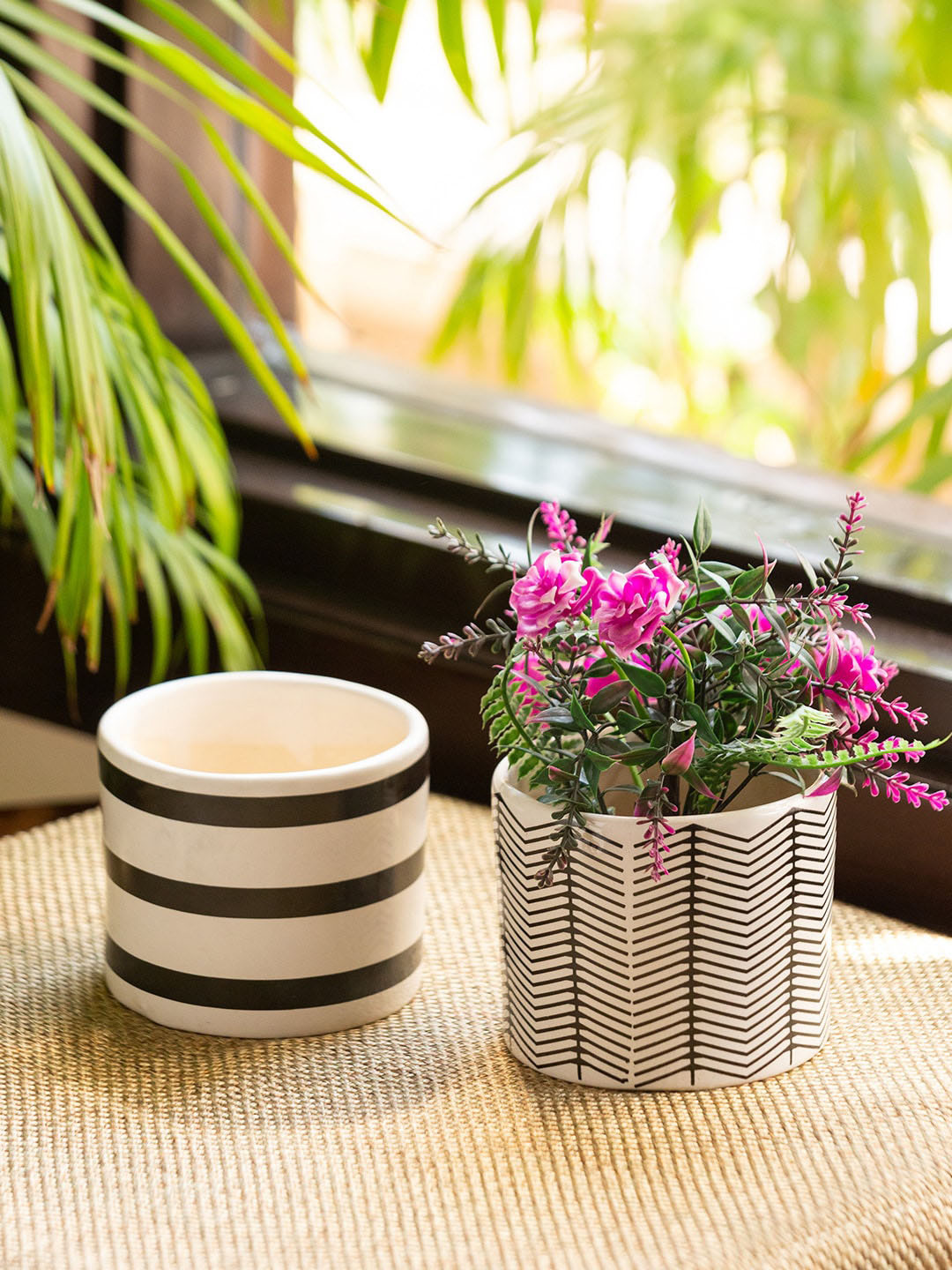

ExclusiveLane Set Of 2 Chevron Craze Printed Ceramic Hand-Painted Planters, Cream