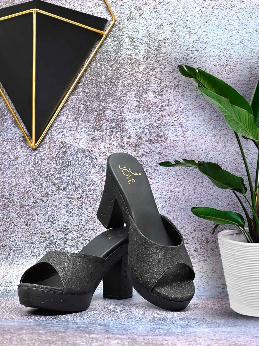

Jove Black Embellished PU Peep Toes Block Heels