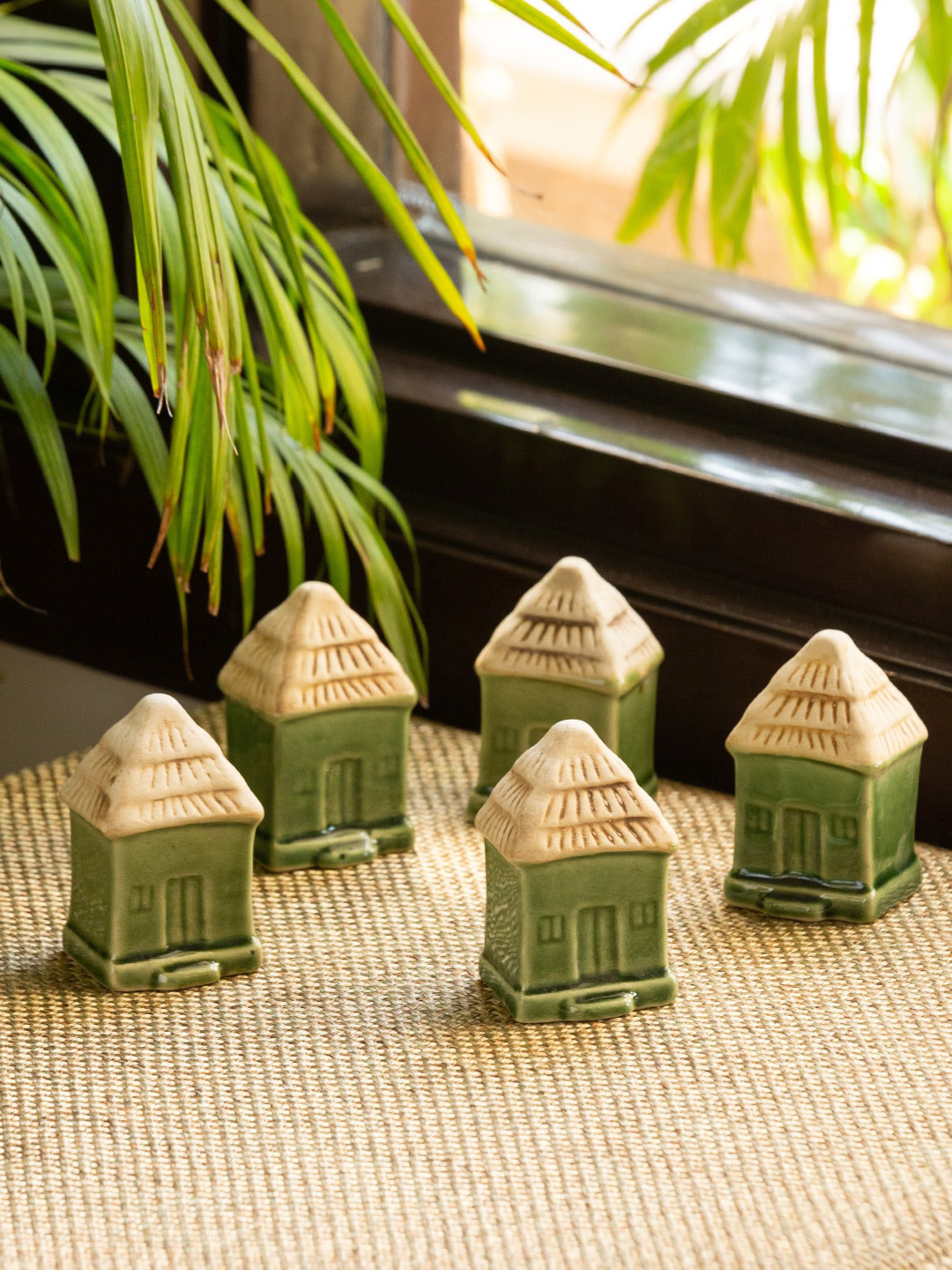 

ExclusiveLane Set Of 5 Little Cottages Hand-Painted Showpieces Ceramic Garden Accessories, Cream