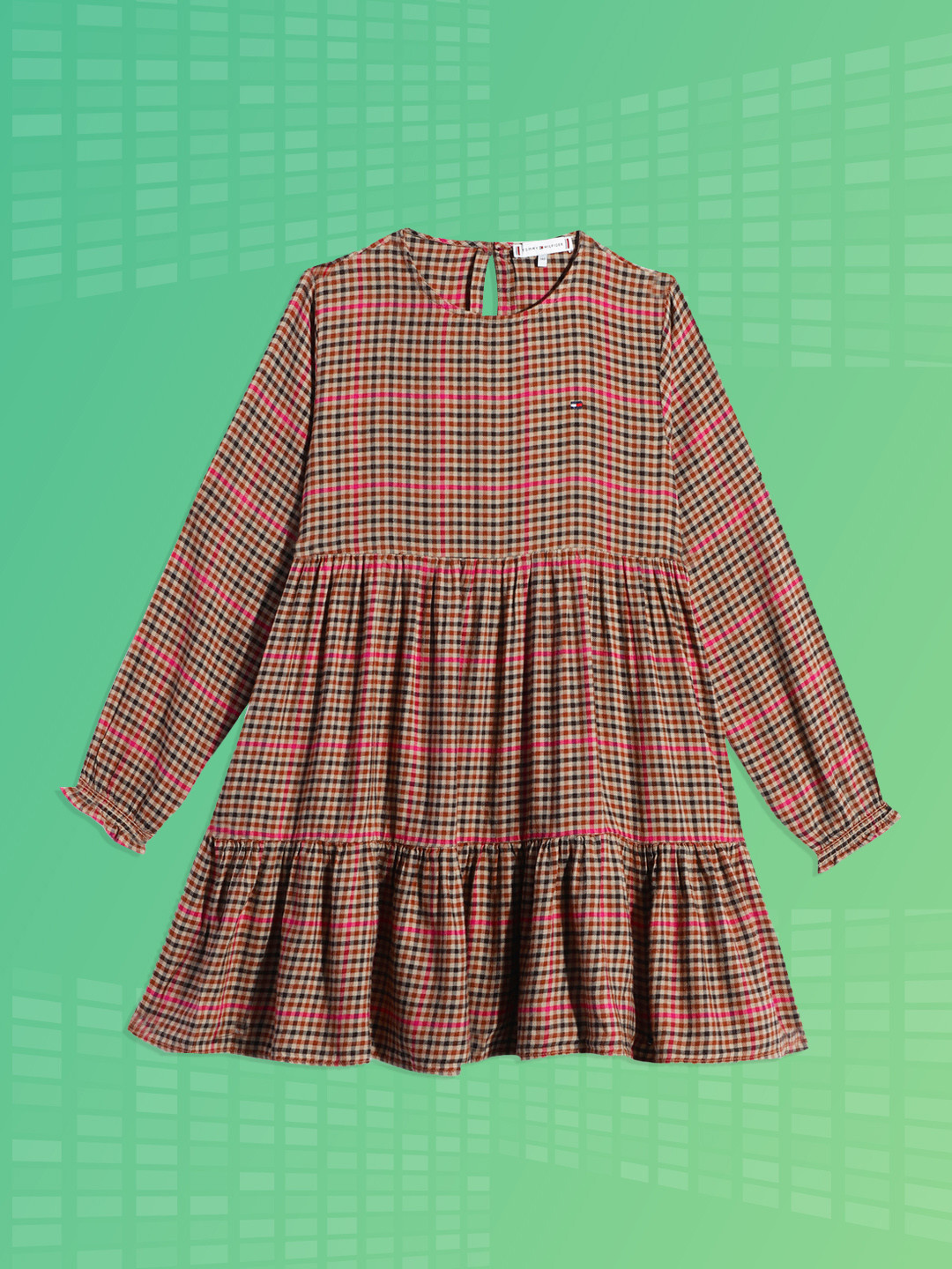 

Tommy Hilfiger Girls Beige & Black Shepherd Checks Bishop Sleeves Pleated Tiered Dress
