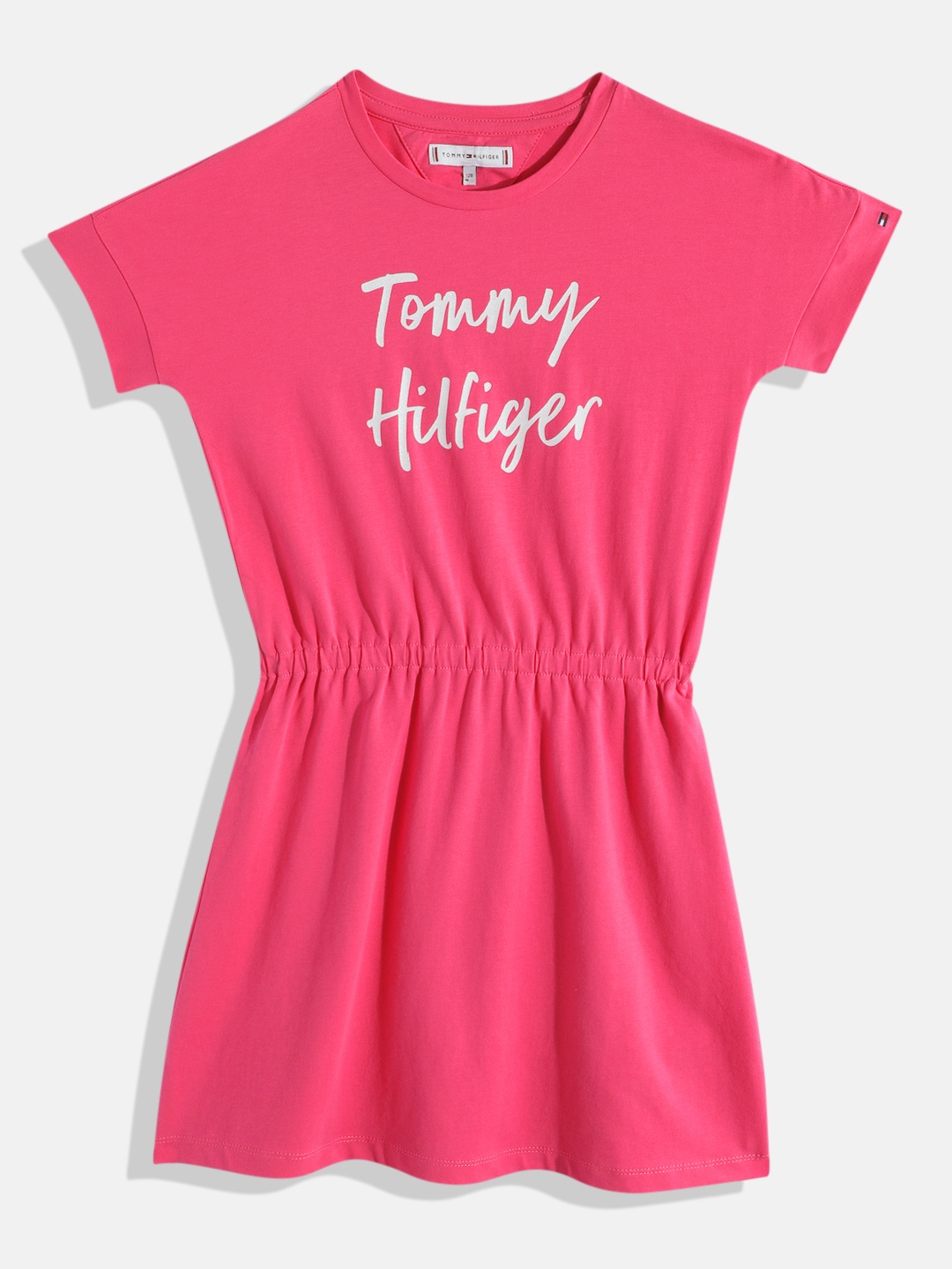 

Tommy Hilfiger Brand Logo Print Cinched Waist Fit & Flare Dress, Pink