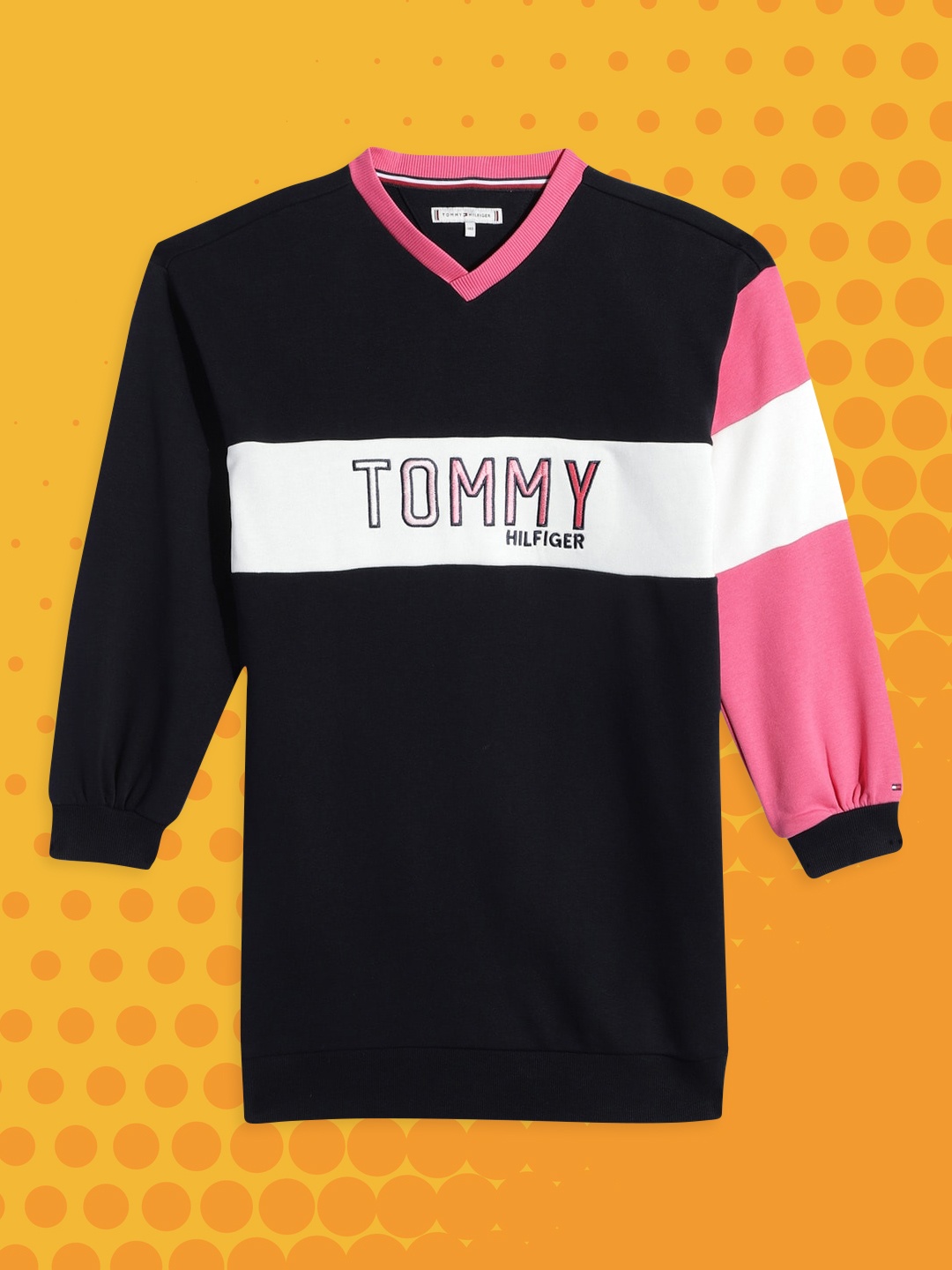 

Tommy Hilfiger Girls Navy Blue & Pink Colourblocked Jumper Dress