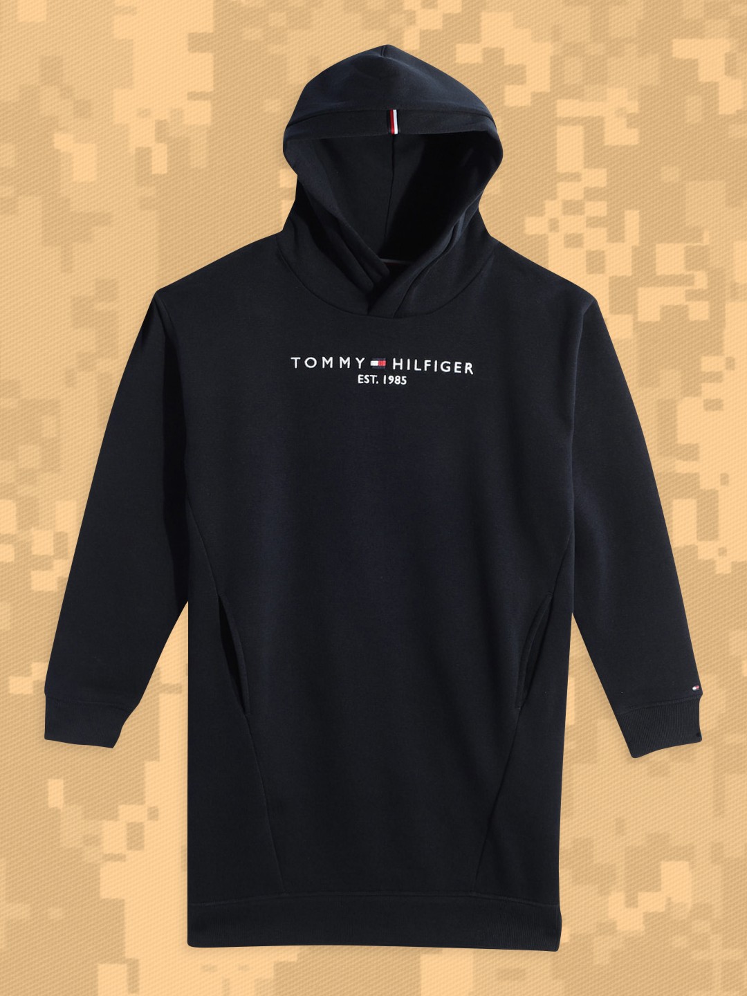 

Tommy Hilfiger Girls Navy Blue Brand Logo Embroidered Hooded Organic Cotton Jumper Dress