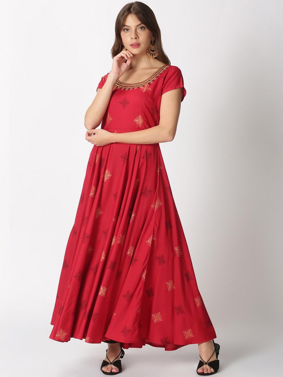 

Saffron Threads Women Red Abstract Printed Anarkali Kurta with Embroidered Neck
