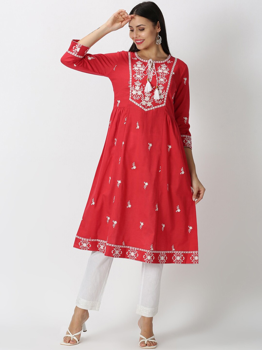 

Saffron Threads Women Red Floral Embroidered A-line Kurta