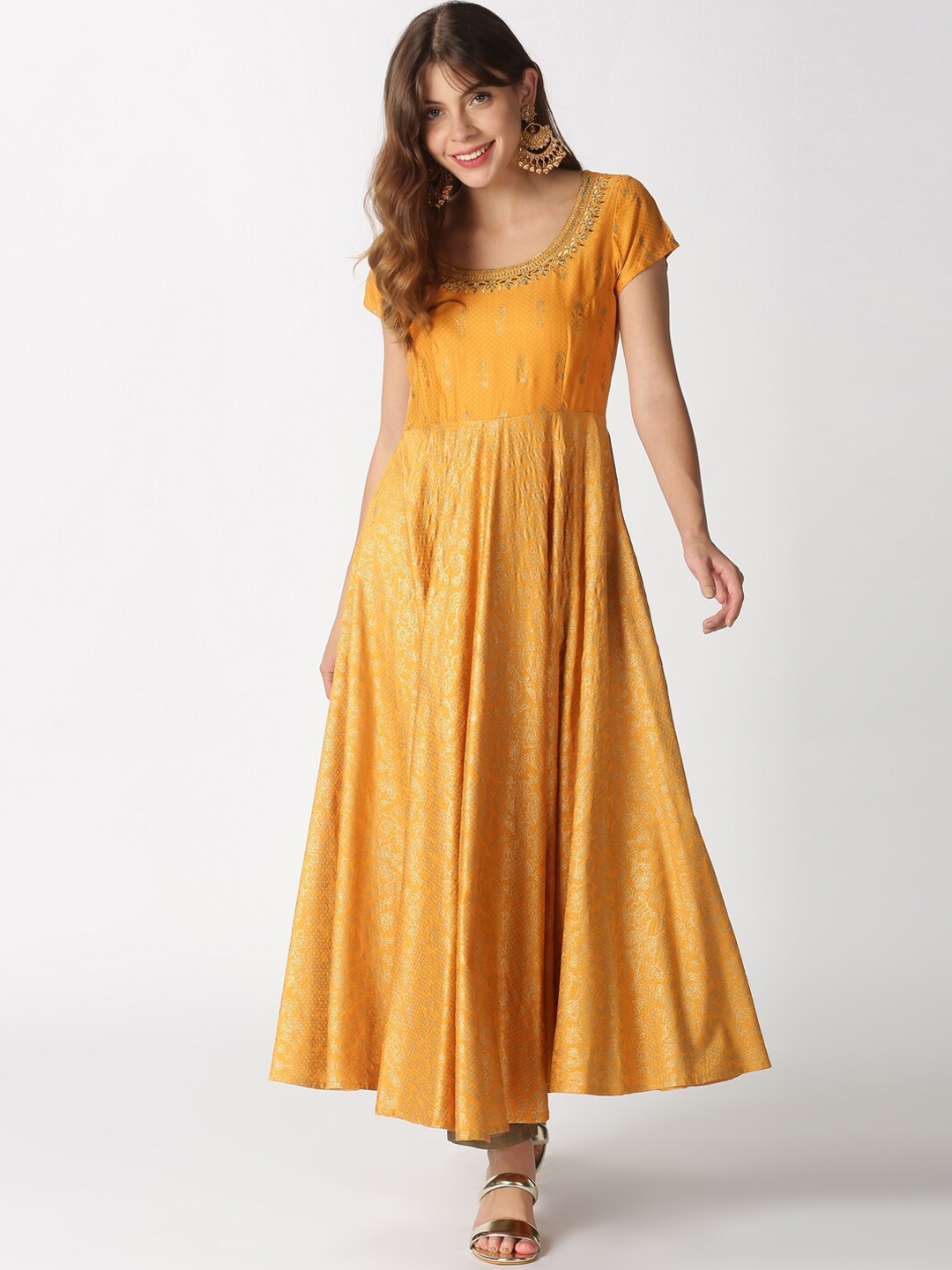 

Saffron Threads Women Women Mustard Yellow & Gold Print Thread Work Dobby Anarkali Kurta