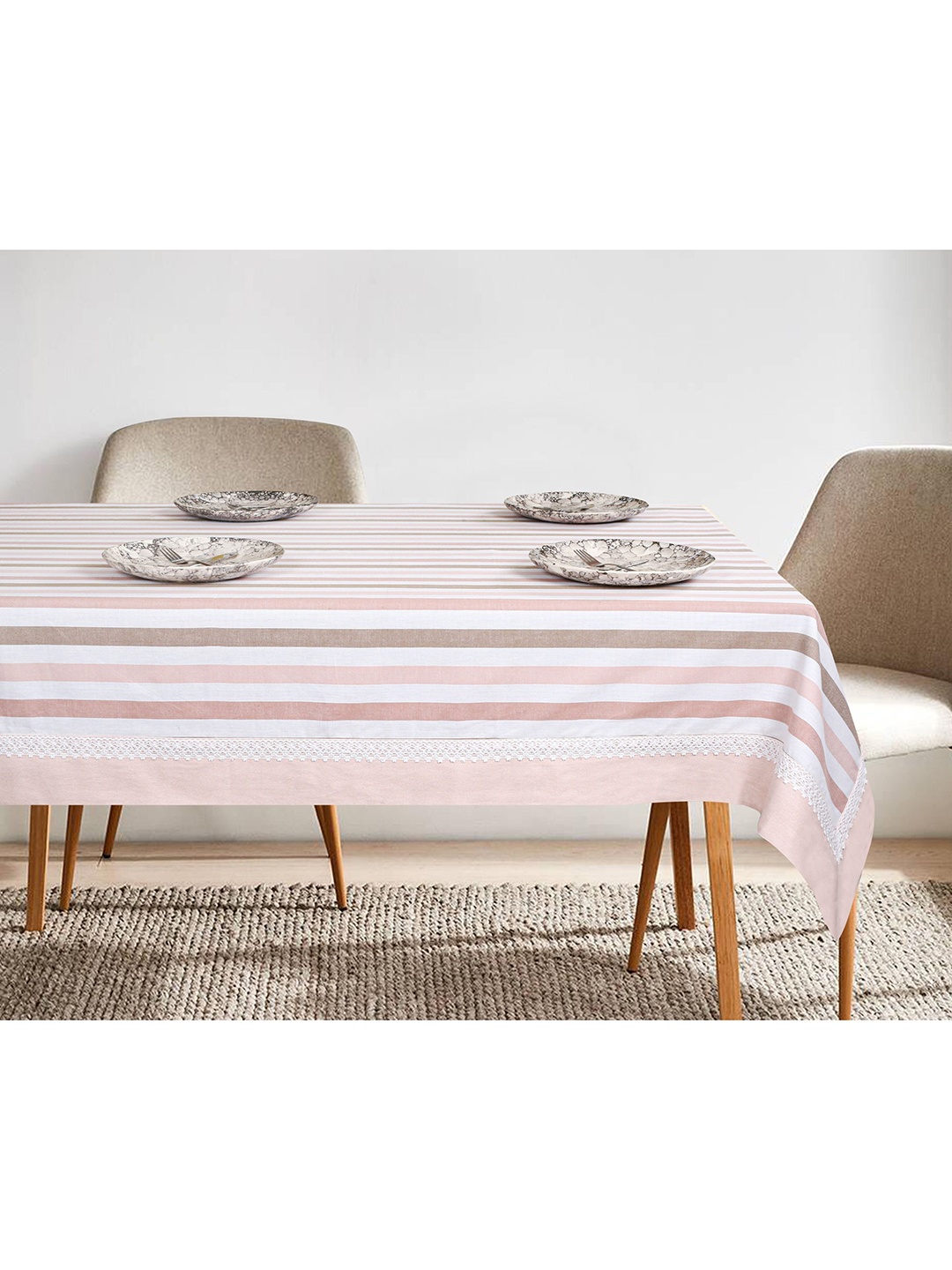 SHADES of LIFE Pink & White Striped Cotton 6 Seater Table Cover