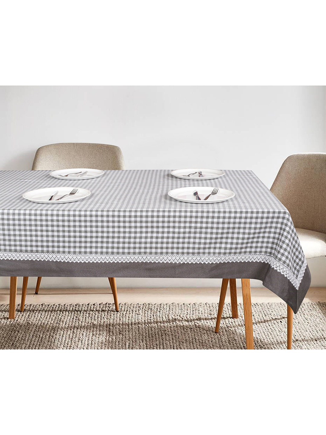 SHADES of LIFE Grey & White Checked Cotton 6 seater Table Covers