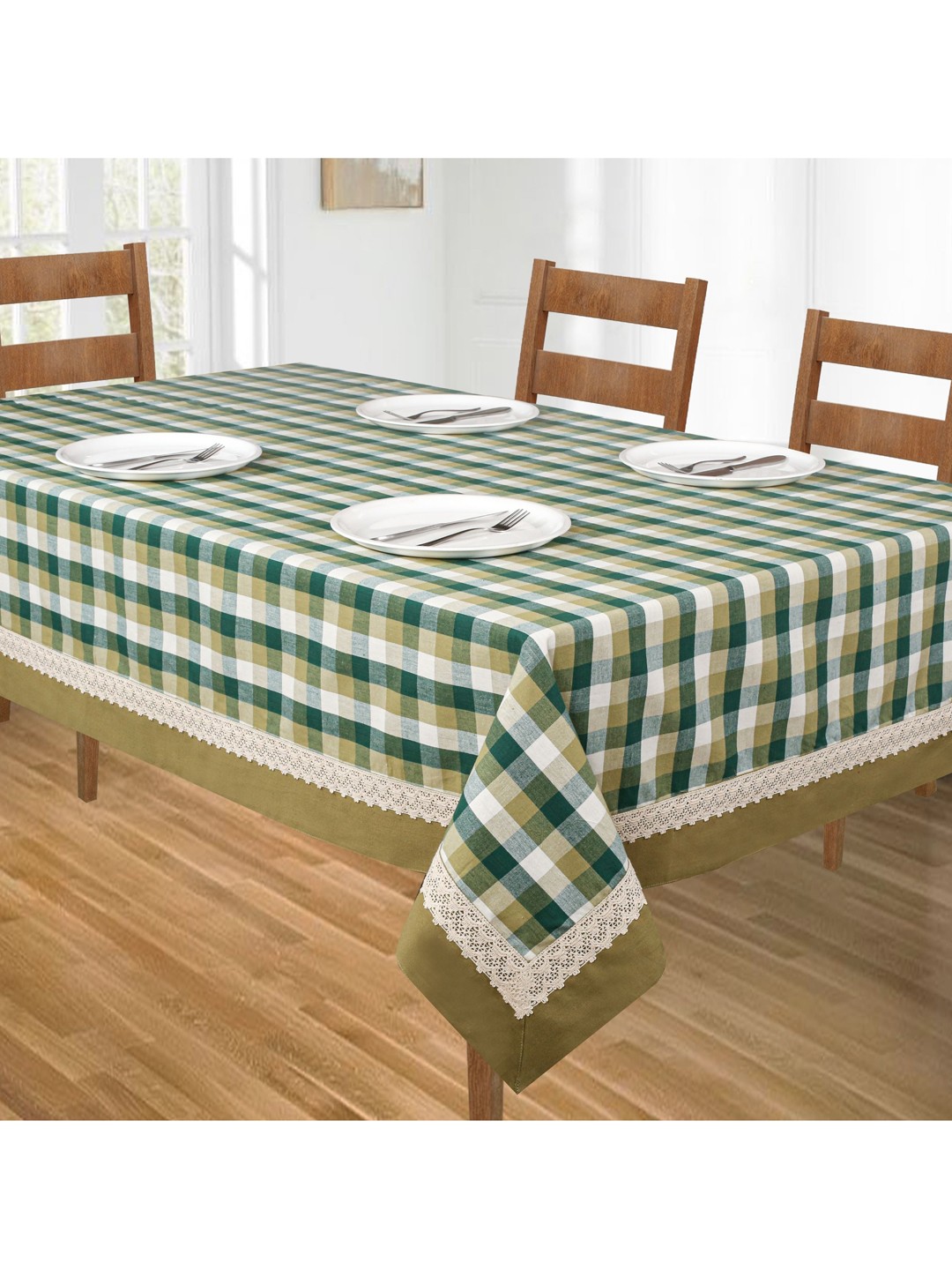 

SHADES of LIFE Olive Green & White Checked Printed 6 Seater Cotton Table Covers