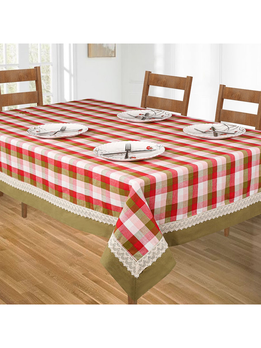

SHADES of LIFE Red & Brown Checked Cotton 6-Seater Table Cover