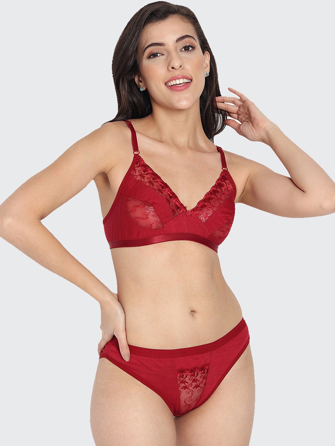 

Fleurt Women Maroon Self Design Pure Cotton Lingerie Set