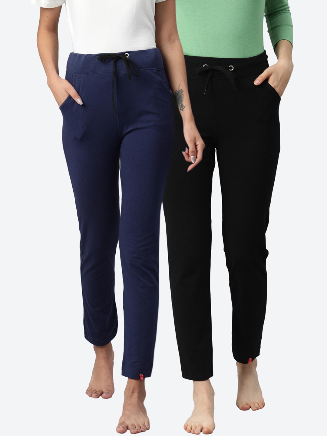 

NOT YET by us Women Set of 2 Black & Navy Blue Solid Stretchable Yoga Pants