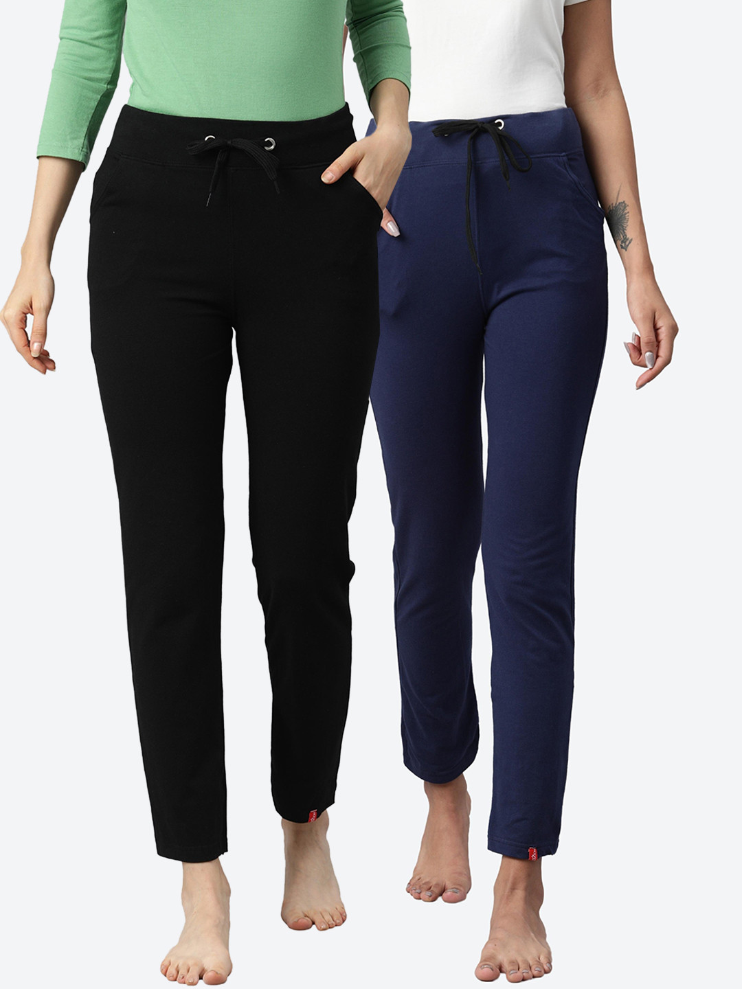 

NOT YET by us Women Set of 2 Black & Navy Blue Solid Stretchable Yoga Pants