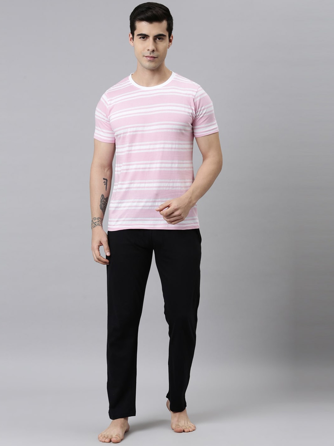 

Joven Men Pink & White Striped T-Shirt with Solid Cotton Pyjamas Night suit