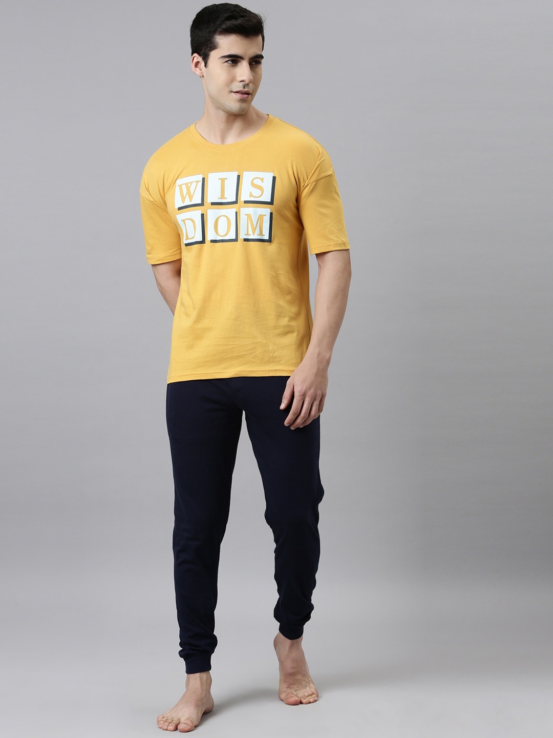 

Joven Men Yellow & Black Printed Cotton Night suit