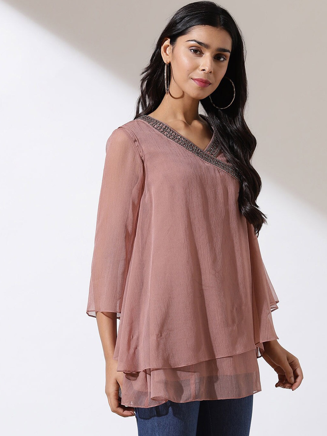 

Lakshita Peach-Coloured Embellished Layered Sheer Chiffon Top