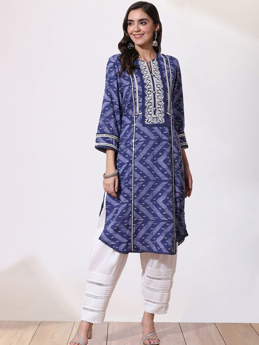 

Lakshita Women Plus Size Blue Chevron Printed Gotta Patti Kurta