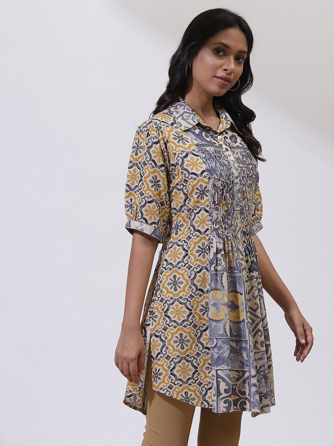 

Lakshita Grey & Mustard Viscose Rayon Shirt Collar Printed Tunic
