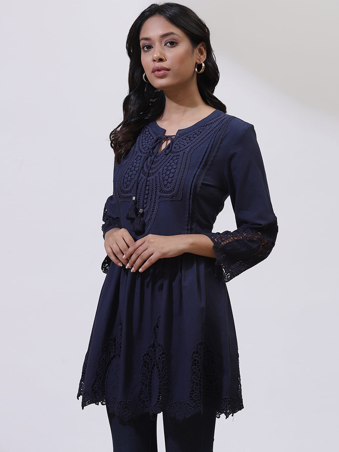 

Lakshita Navy Blue Tunic With Schiffli Embroidery