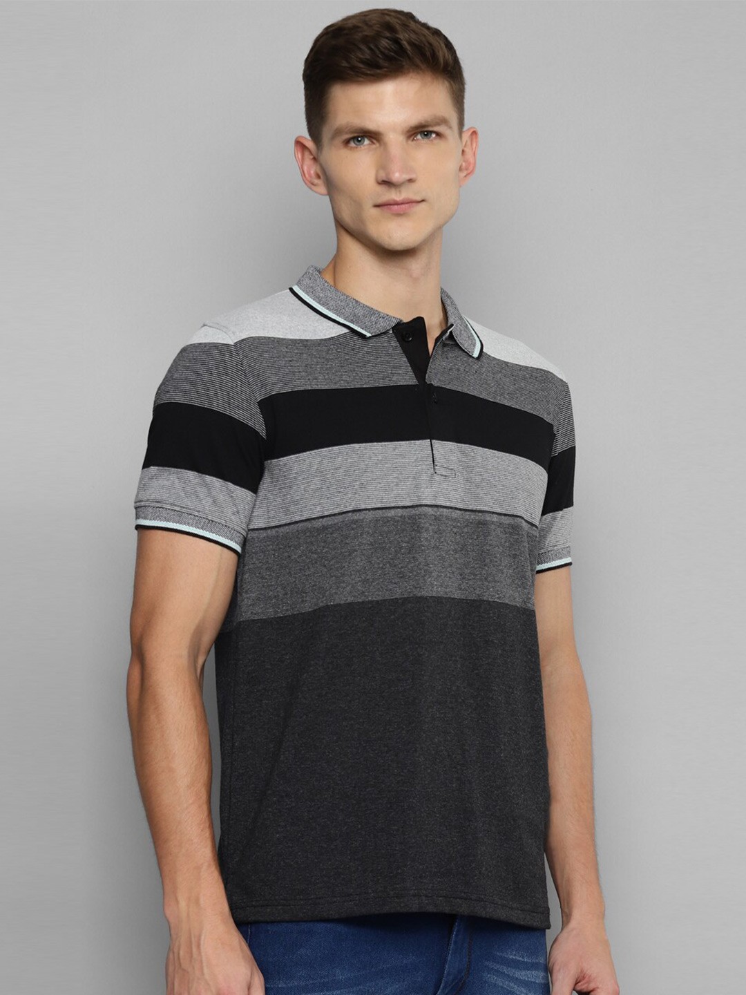 

Allen Cooper Men Grey & Black Striped Polo Collar Anti Odour T-shirt