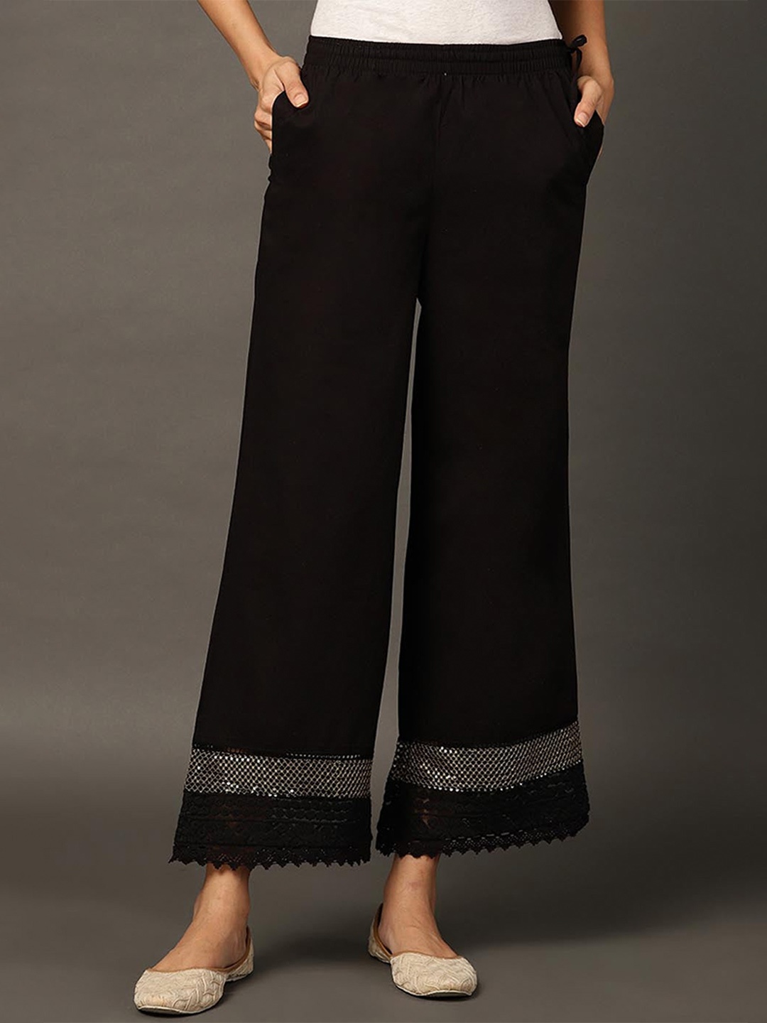 

Lakshita Women Navy Blue & Silver-Toned Cotton Ethnic Palazzos