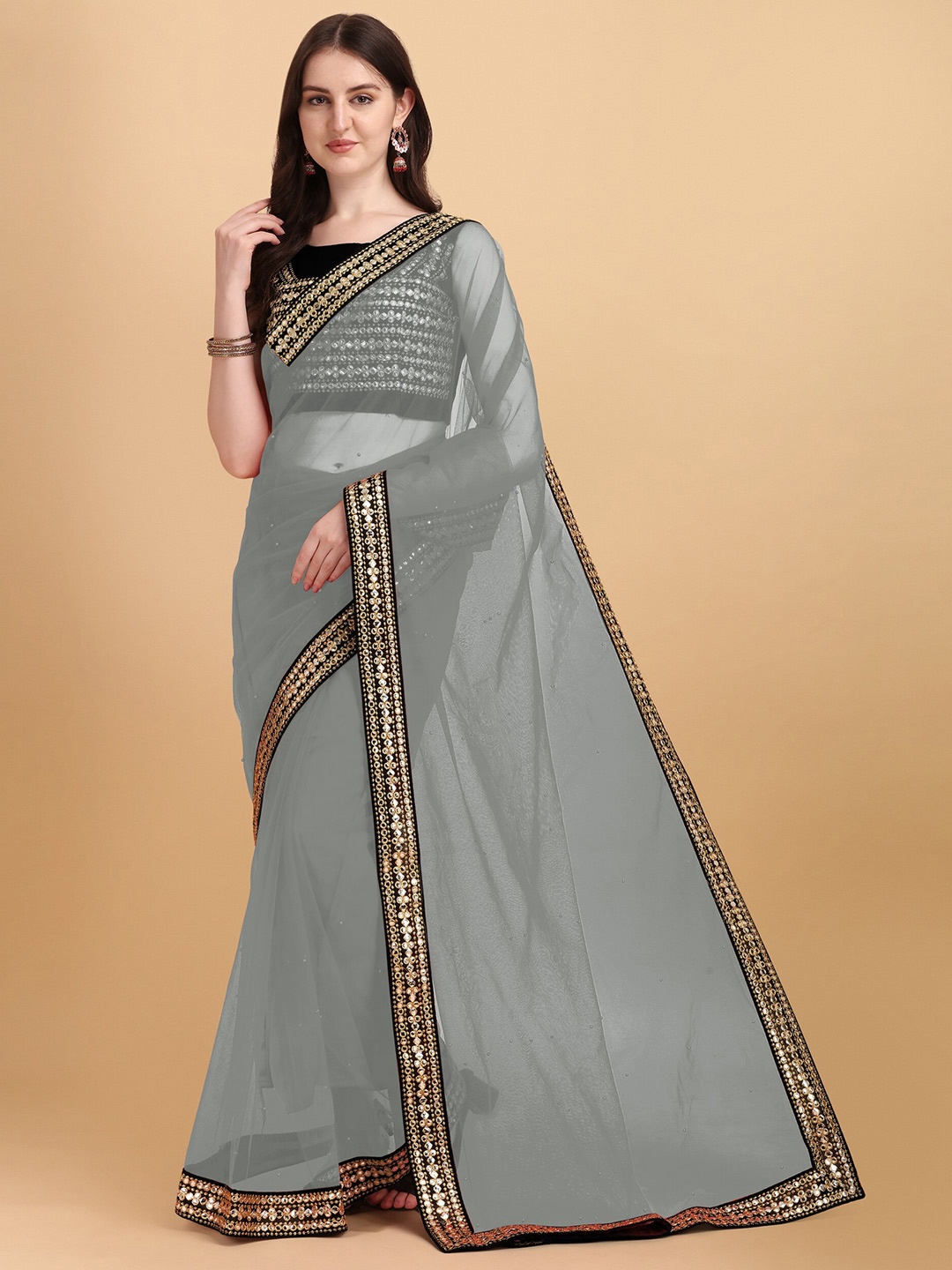 

ORUS Grey & Gold-Toned Embroidered Organza Saree