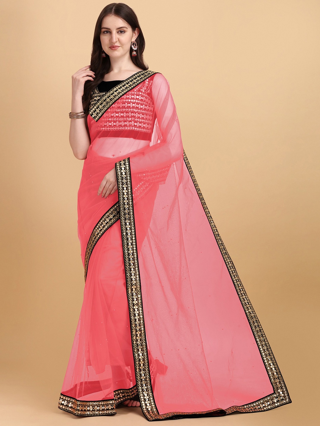 

ORUS Peach-Coloured & Black Embroidered Organza Saree