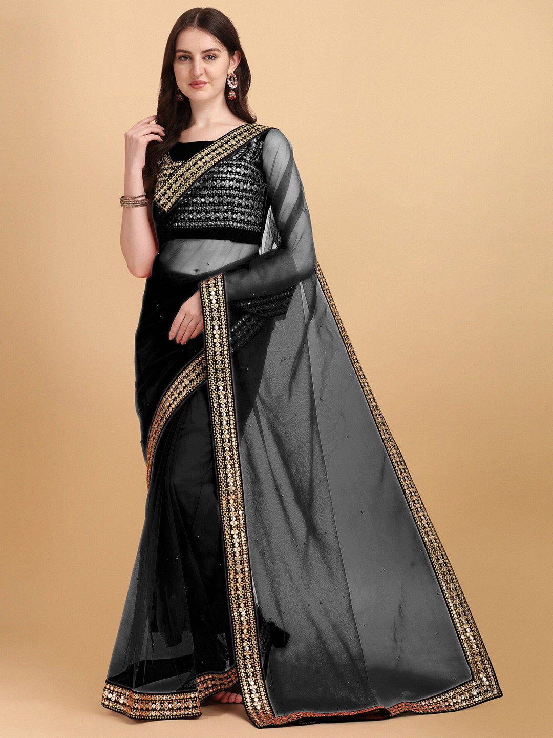 

ORUS Black & Gold-Toned Sequinned Embroidered Net Organza Saree