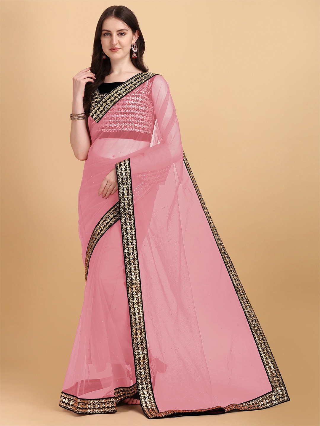 

ORUS Pink & Black Embroidered Organza Saree With Unstitched Blouse Piece