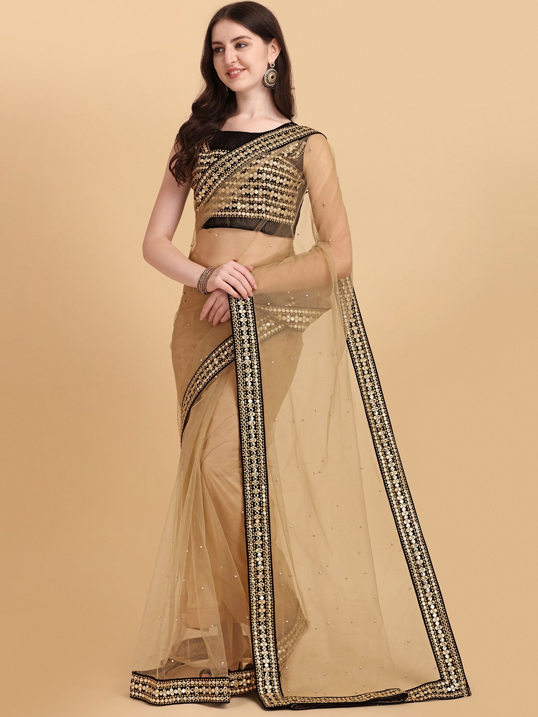 

ORUS Beige & Black Embellished & Mirror Work Organza Saree unstitched blouse Piece
