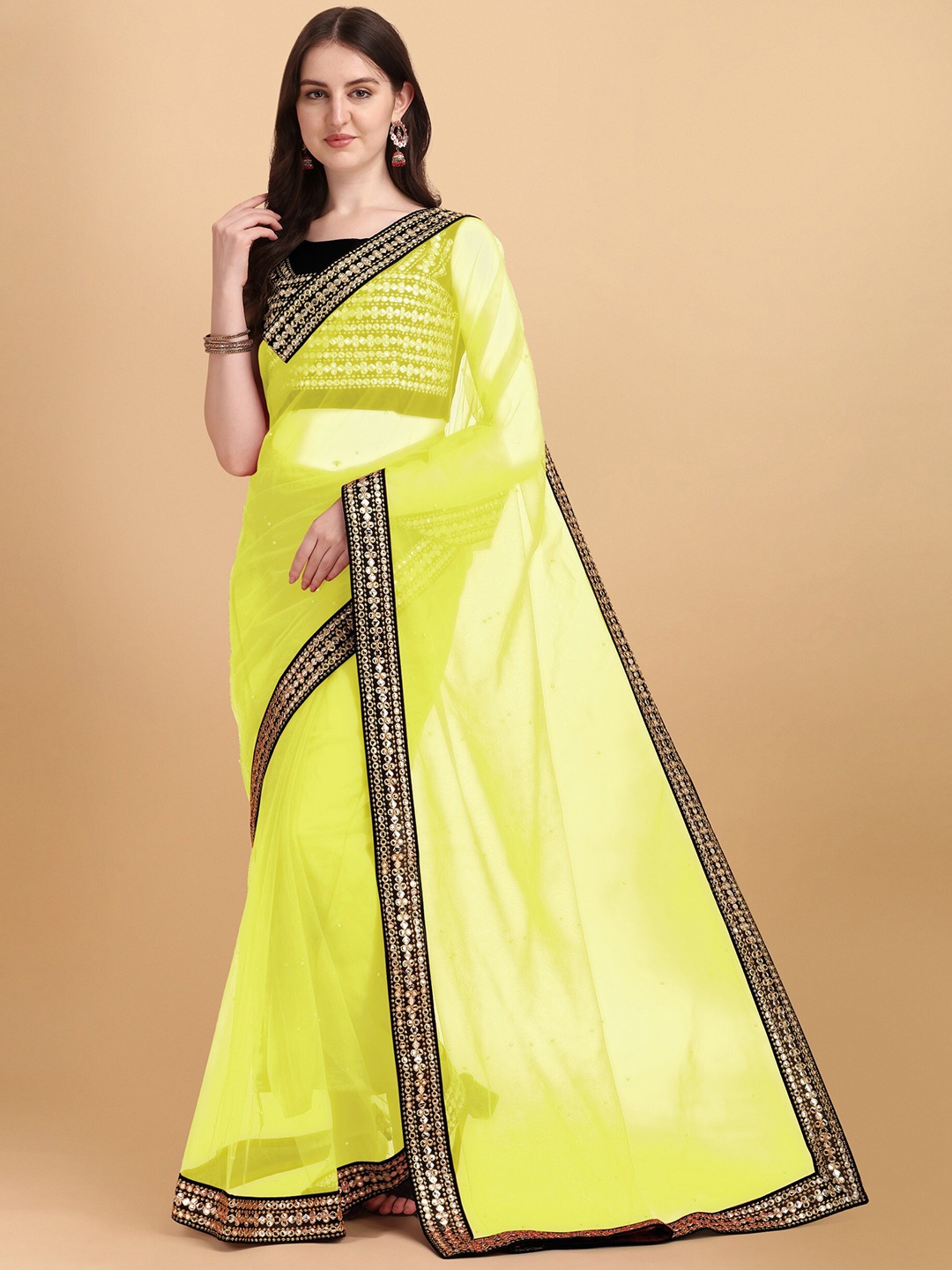 

ORUS Yellow & Black Embroidered Organza Saree