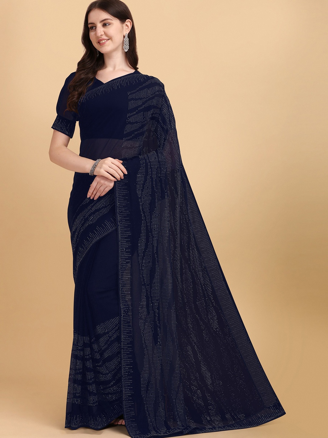 

ORUS Navy Blue Embellished Beads and Stones Pure Georgette Saree