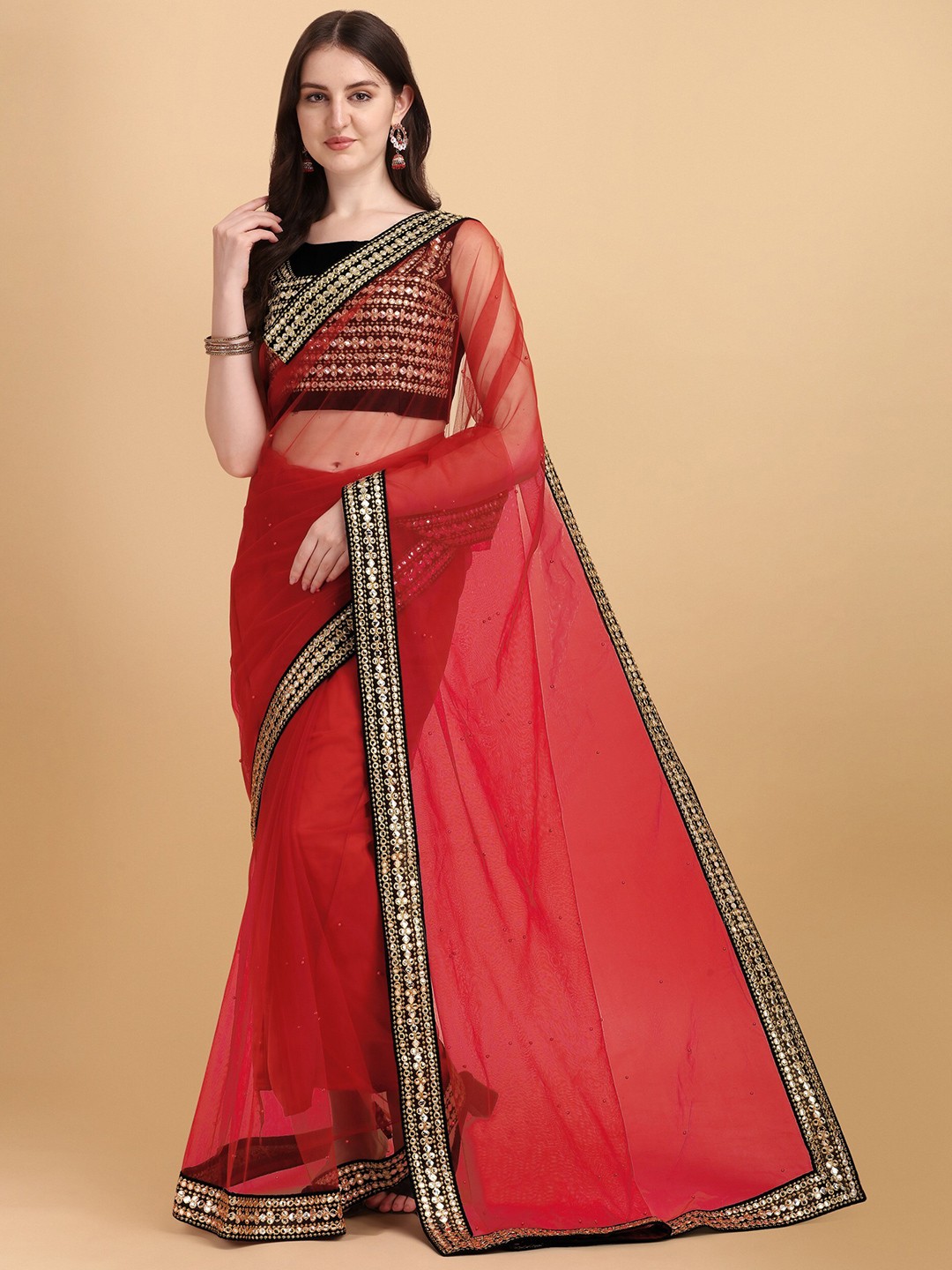 

ORUS Red & Black Embroidered Organza Saree