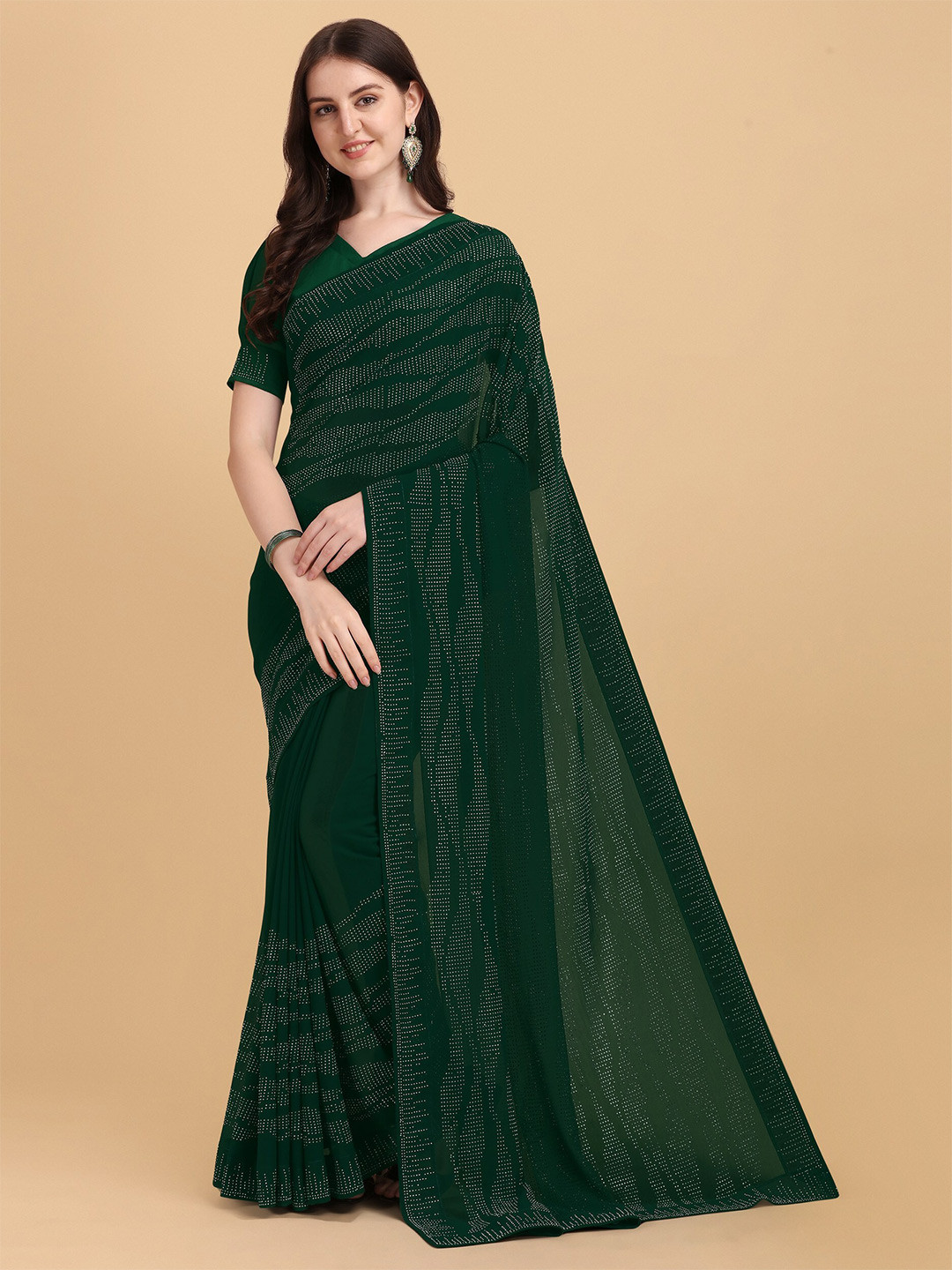 

ORUS Women Green Embellished Hotfix Stone Pure Georgette Saree with Unstitched Blouse