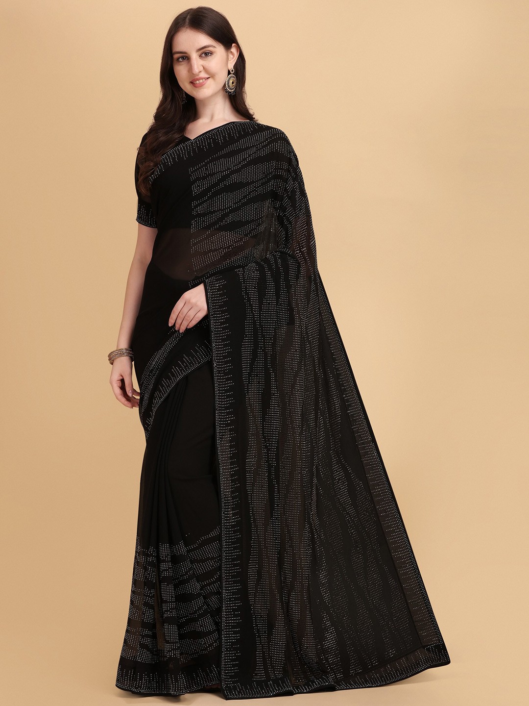 

ORUS Women Black Embellished Beads and Stones Pure Georgette Saree
