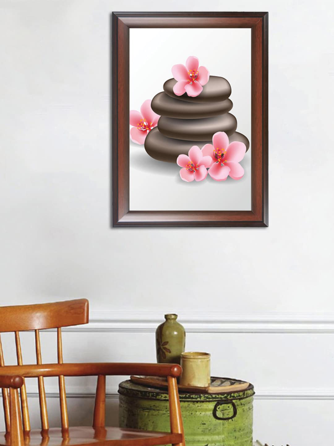 

WENS Brown & Pink Pebbles With Flowers Painting MDF Wall Art Painting