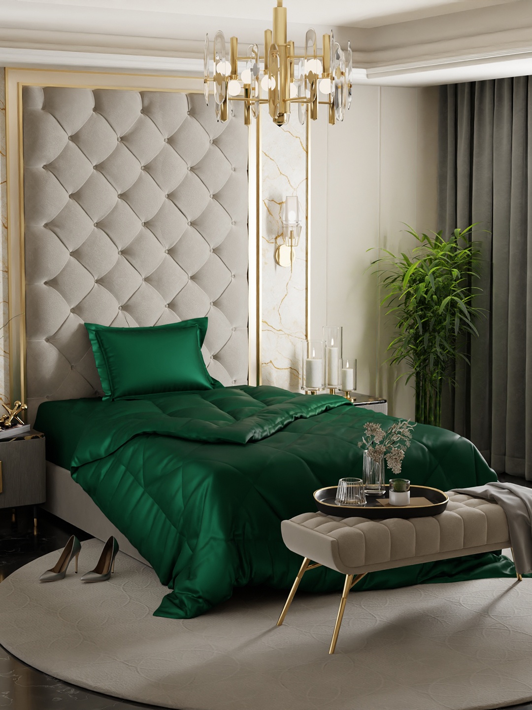 

Stoa Paris Date Night Collection Green Solid AC Room 150 GSM Single Bed Ultra Silky Soft Satin Comforter