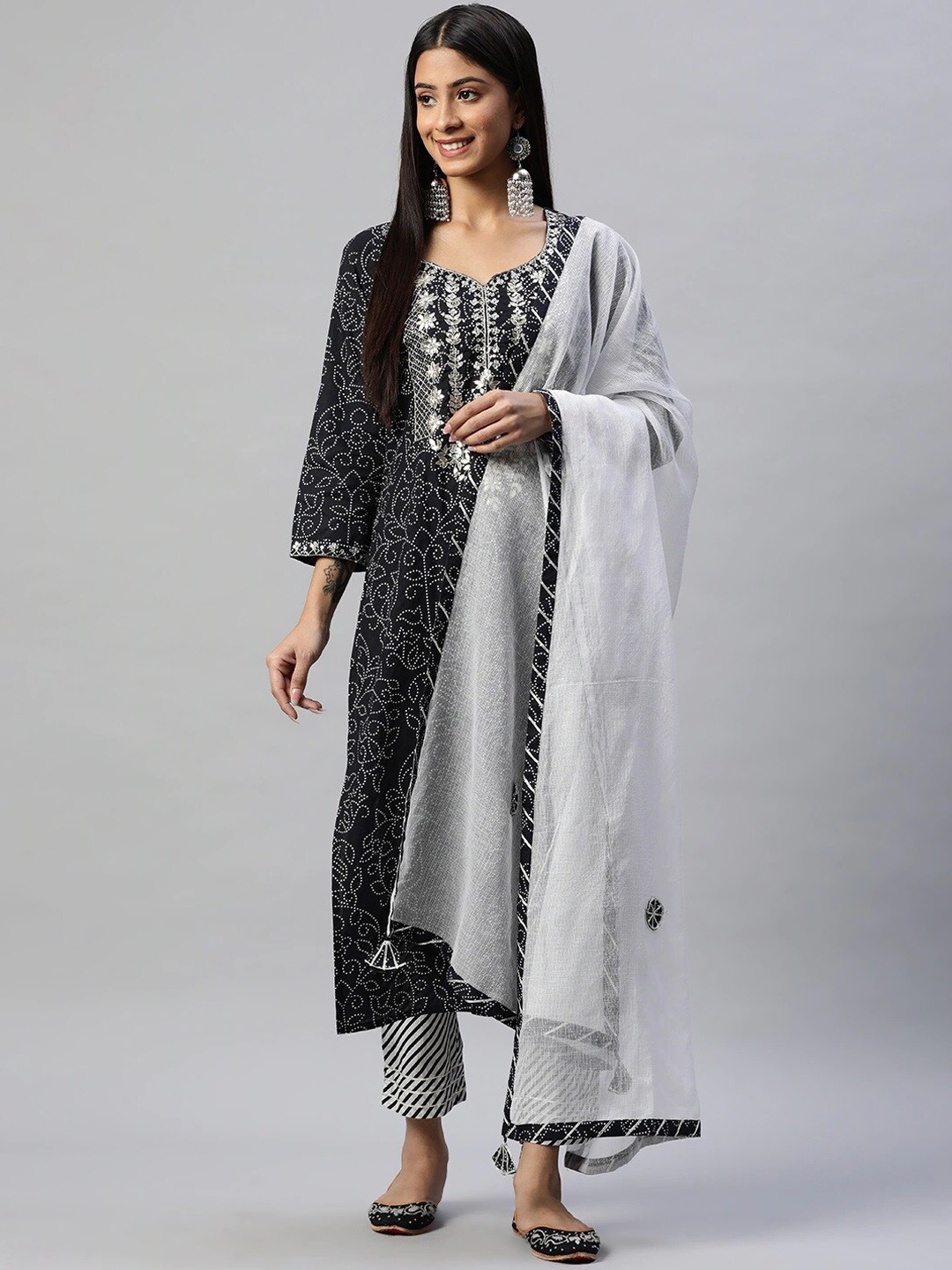 

Divena Women Black Embroidered Cotton Kurti with Trousers & With Dupatta