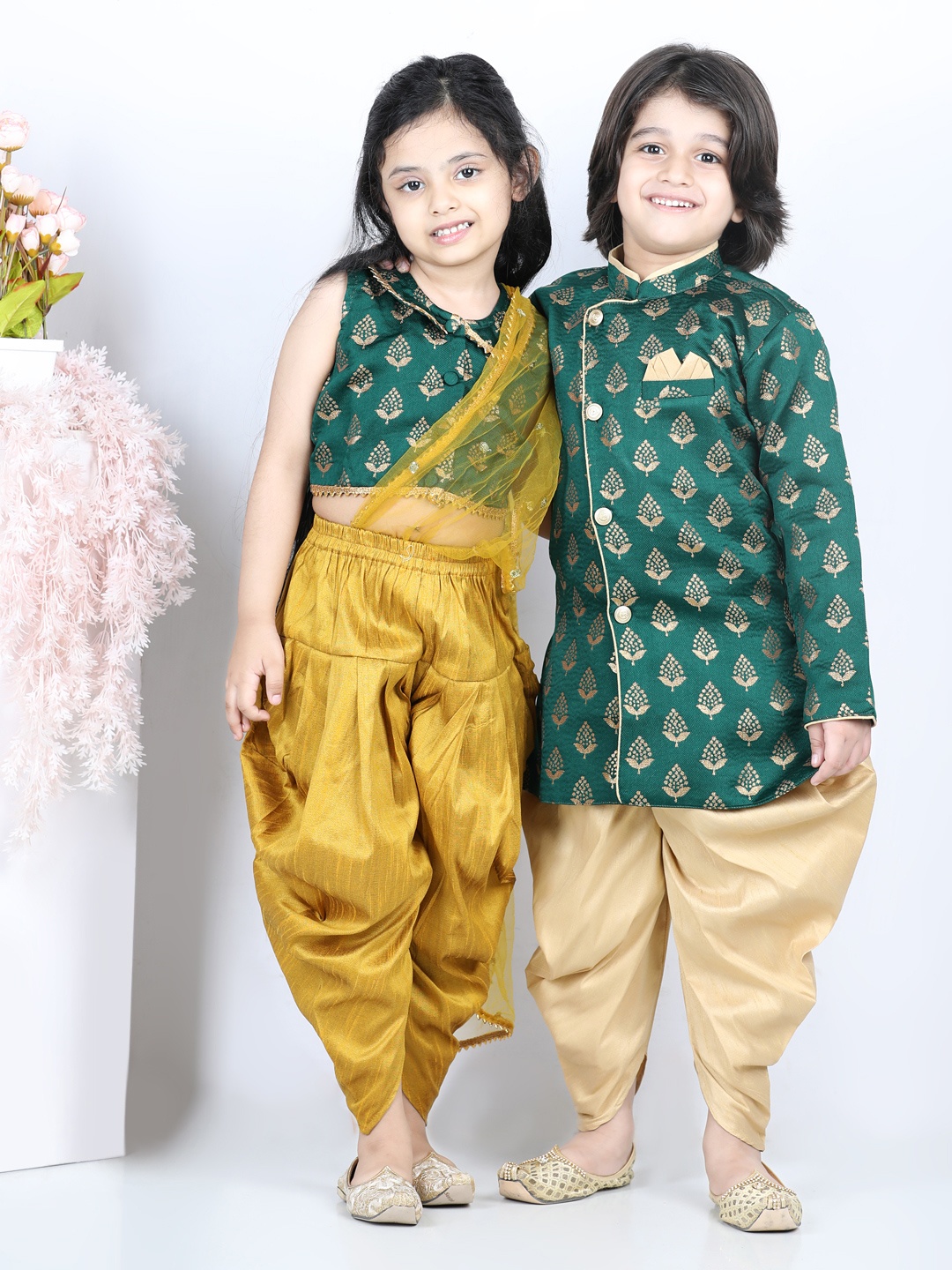 

BownBee Girls Green & Mustard Top & Dhoti Pants With Attached Dupatta