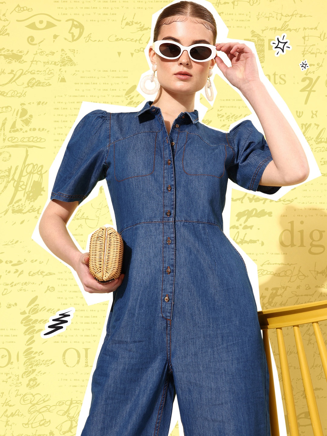 

DressBerry Solid Shirt Collar Chambray Basic Jumpsuit, Blue