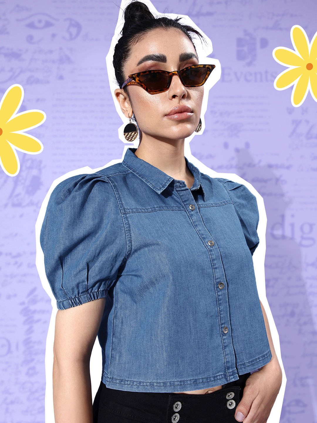 

DressBerry Women Spread Collar Puff Sleeves Chambray Casual Crop Shirt, Blue