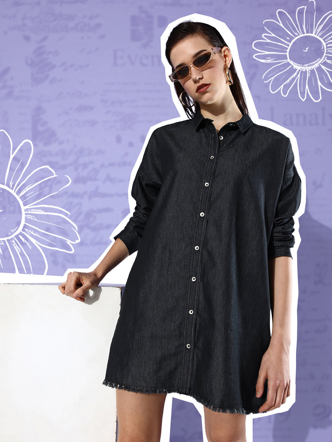 

DressBerry Women Jet Black Chambray Opaque Preppy College Cool Utility Shirt Style Dress