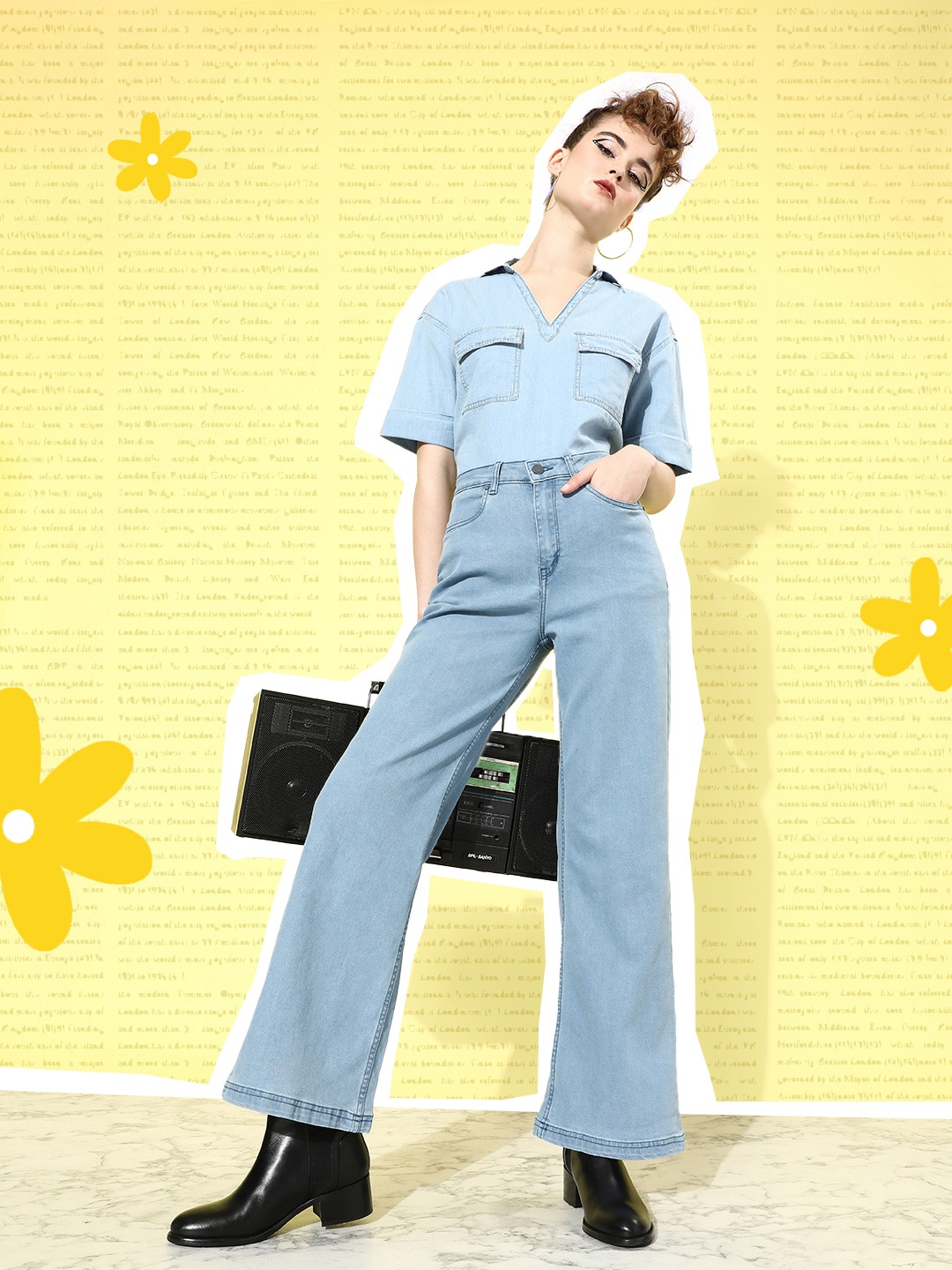 

DressBerry Women Faded Blue Wide Leg Stretchable Preppy College Cool Utility Jeans
