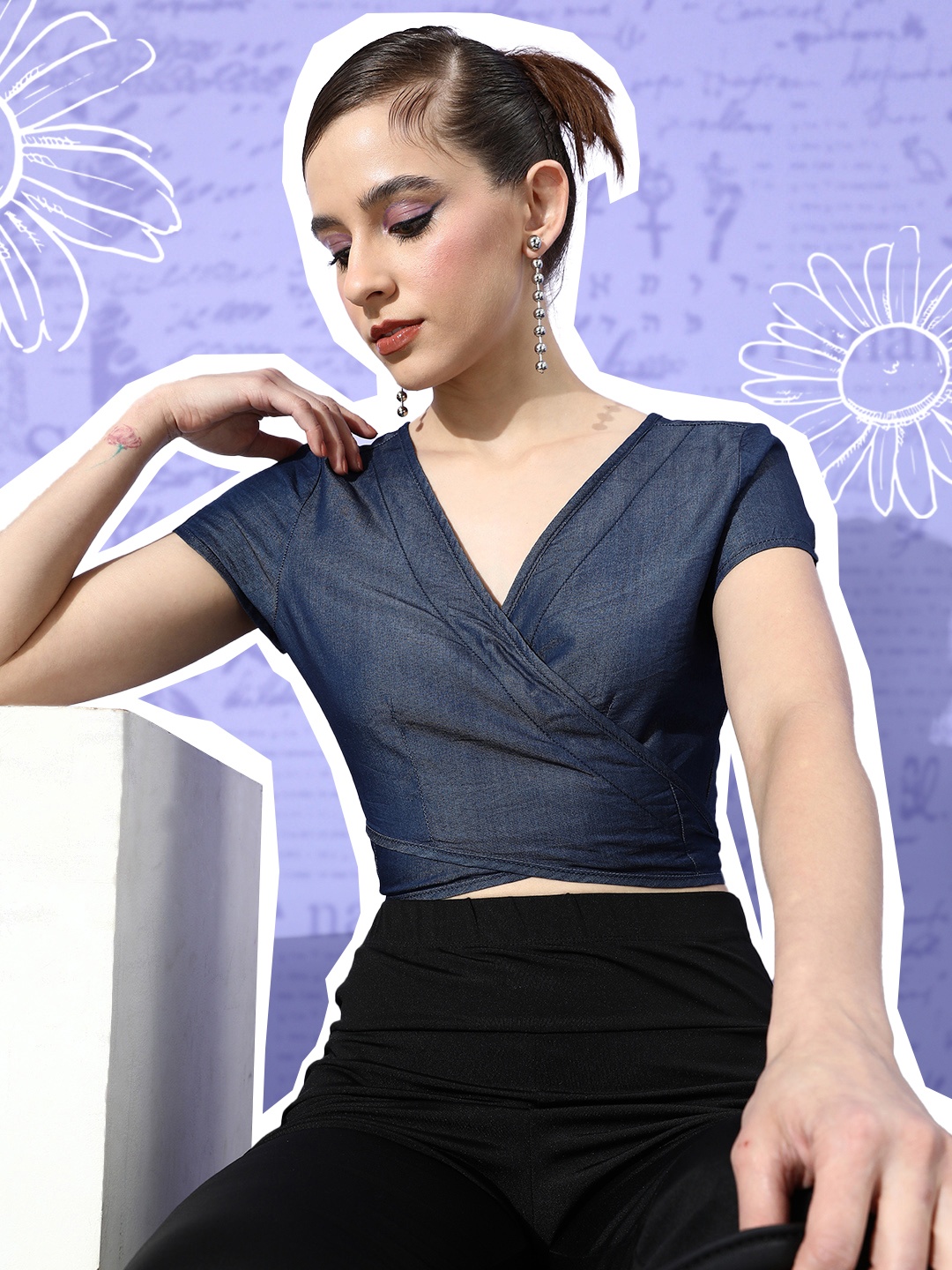 

4WRD by Dressberry Navy Blue Preppy College Cool Wrap It up Crop Top